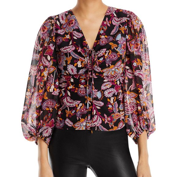 Aqua Womens Chiffon Black Floral Paisley Shirt Blouse Top Medium B4HP - Picture 1 of 2